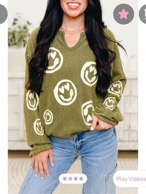 Easel Olive Green Graphic Smileys Sweatshirt